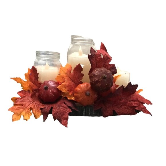 THANKSGIVING MAPLE LEAF CENTERPIECE ARRANGEMENT WITH 3-CENTER CANDLES BATTERY OP - Picture 2 of 6